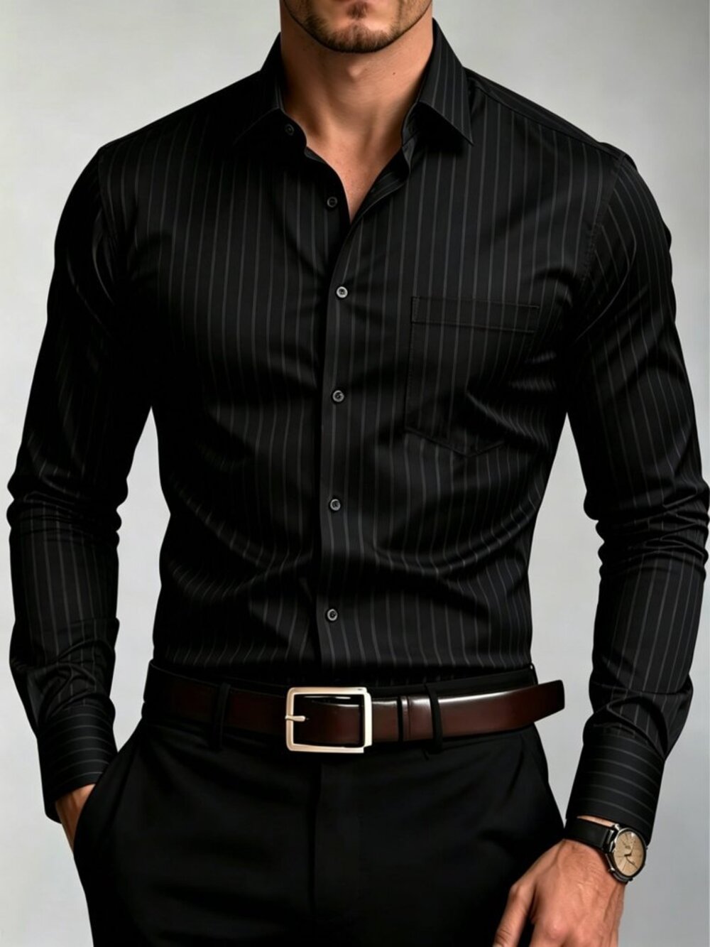 Black Casual Men's Embossed Vertical Striped Shirt
